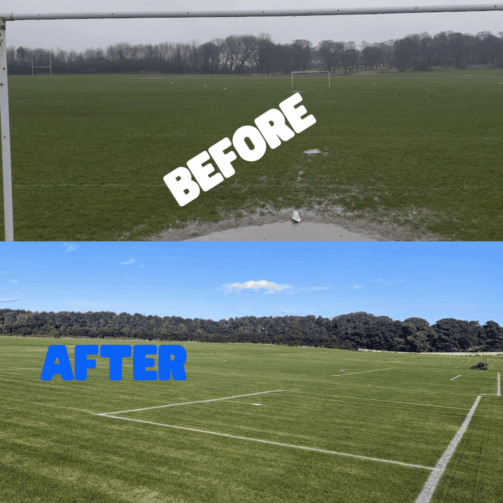 Before and after comparison of North East Sport's football facilities in Sunderland, showcasing the transformation supported by the Football Foundation and Durham FA.