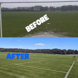 Before and after comparison of North East Sport's football facilities in Sunderland, showcasing the transformation supported by the Football Foundation and Durham FA.